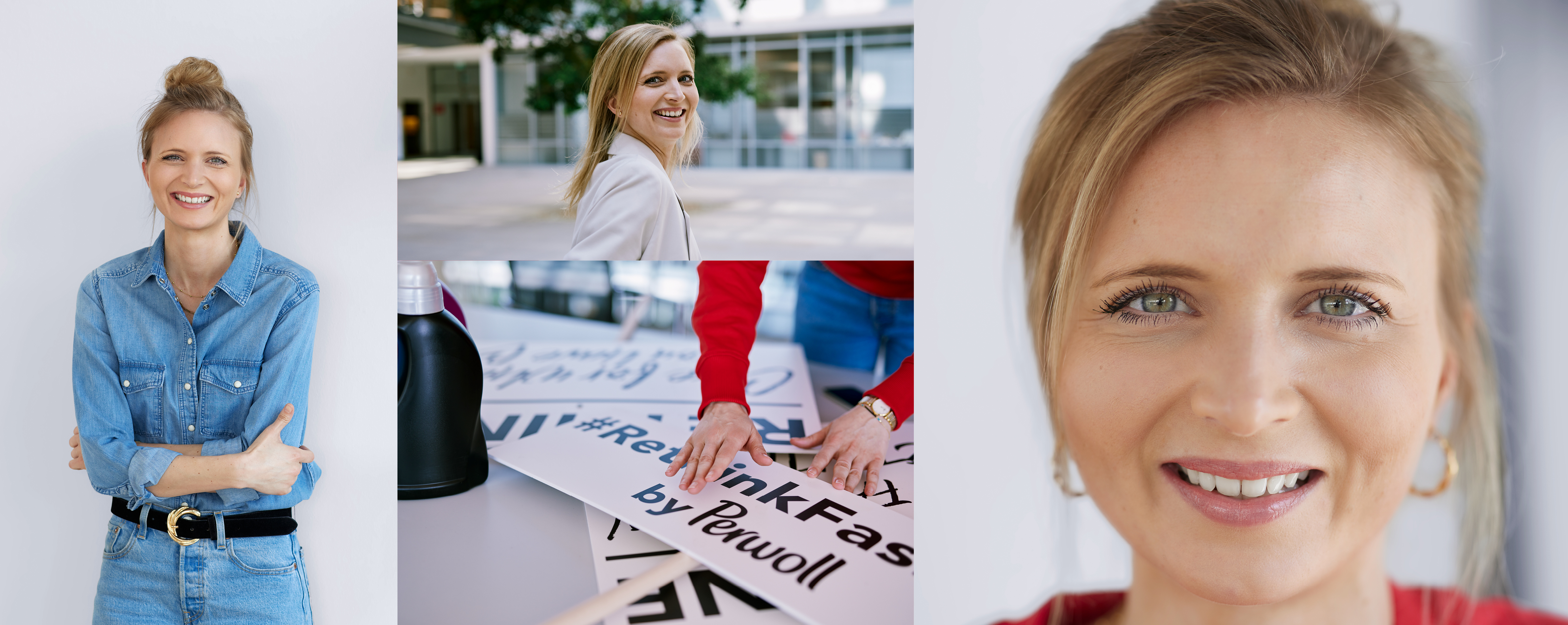 Eine Mitarbeiterin von Henkel vor ihrem Arbeitsplatz. Sie posiert für die Kamera, sortiert Schilder aus der #Rethink Fashion Kampagne von Persil und lächelt. 