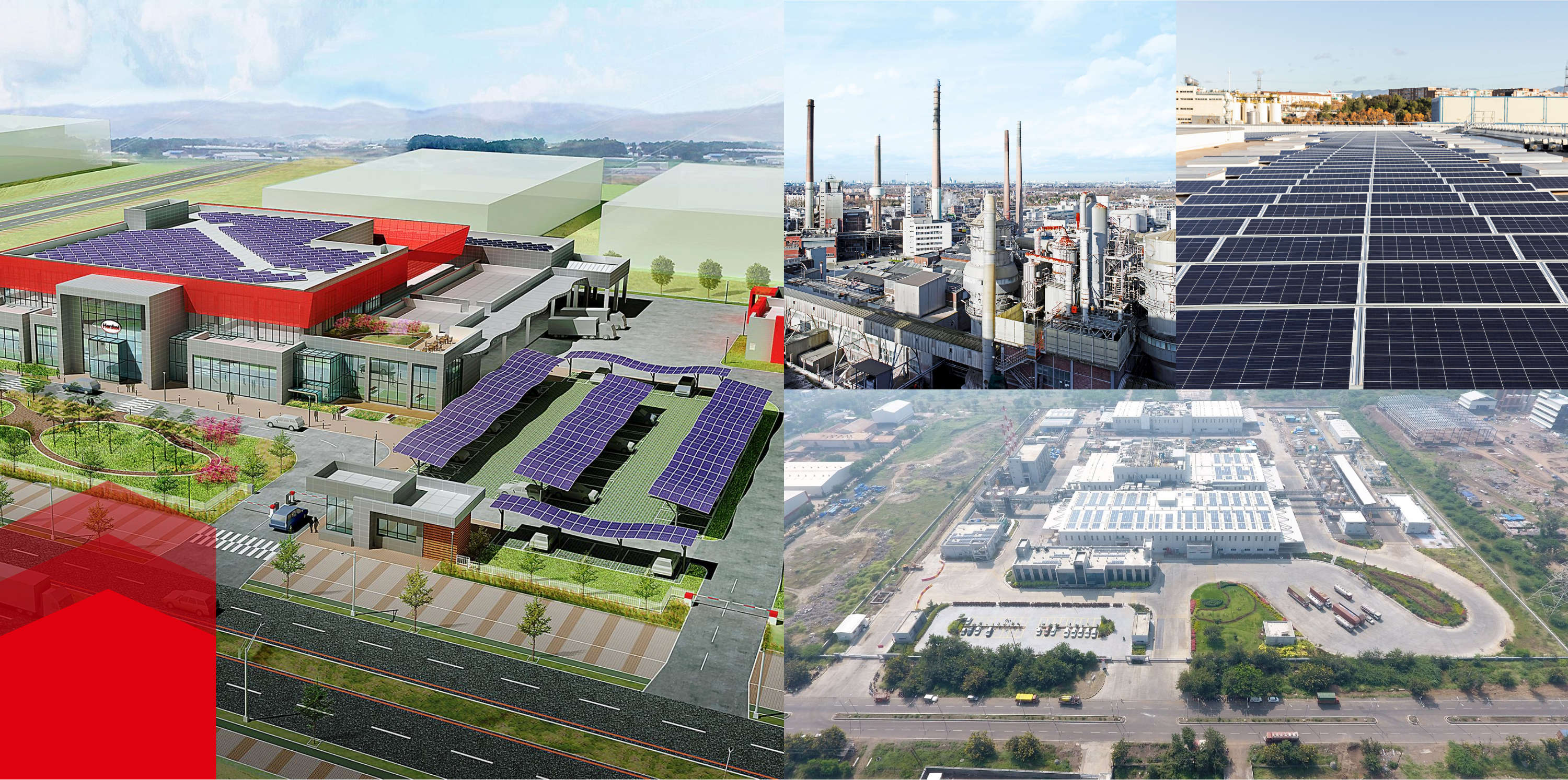 Collage von Bildern von Gebäuden mit Sonnenkollektoren und großen Fabriken 