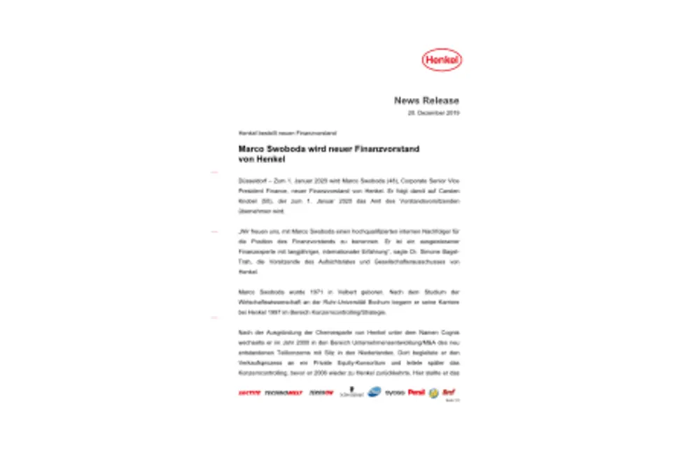 Marco Swoboda wird neuer Finanzvorstand von Henkel - Presseinformation