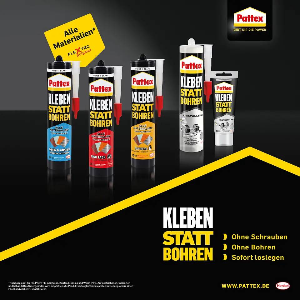 Im Fokus der Promotion stehen die neuen Kleben statt Bohren ‚Alle Materialien‘ Produkte.