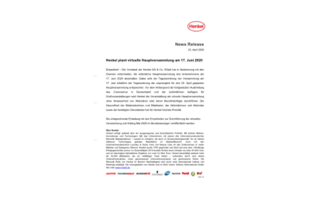 Henkel plant virtuelle Hauptversammlung am 17. Juni 2020