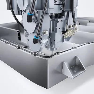 Konturgenau verlaufender Doppeldichtungsauftrag auf dem Batteriegehäuse mit Polyurethan Dichtungsschaum Sonderhoff Fermapor K31.
