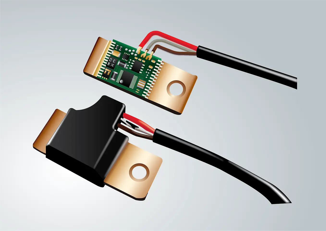 Platine für einen Batteriesensor vor und nach dem Niederdruckverguss. Elektronikbauteile werden gegen Feuchtigkeit, chemische Substanzen und hohe Temperaturen geschützt.