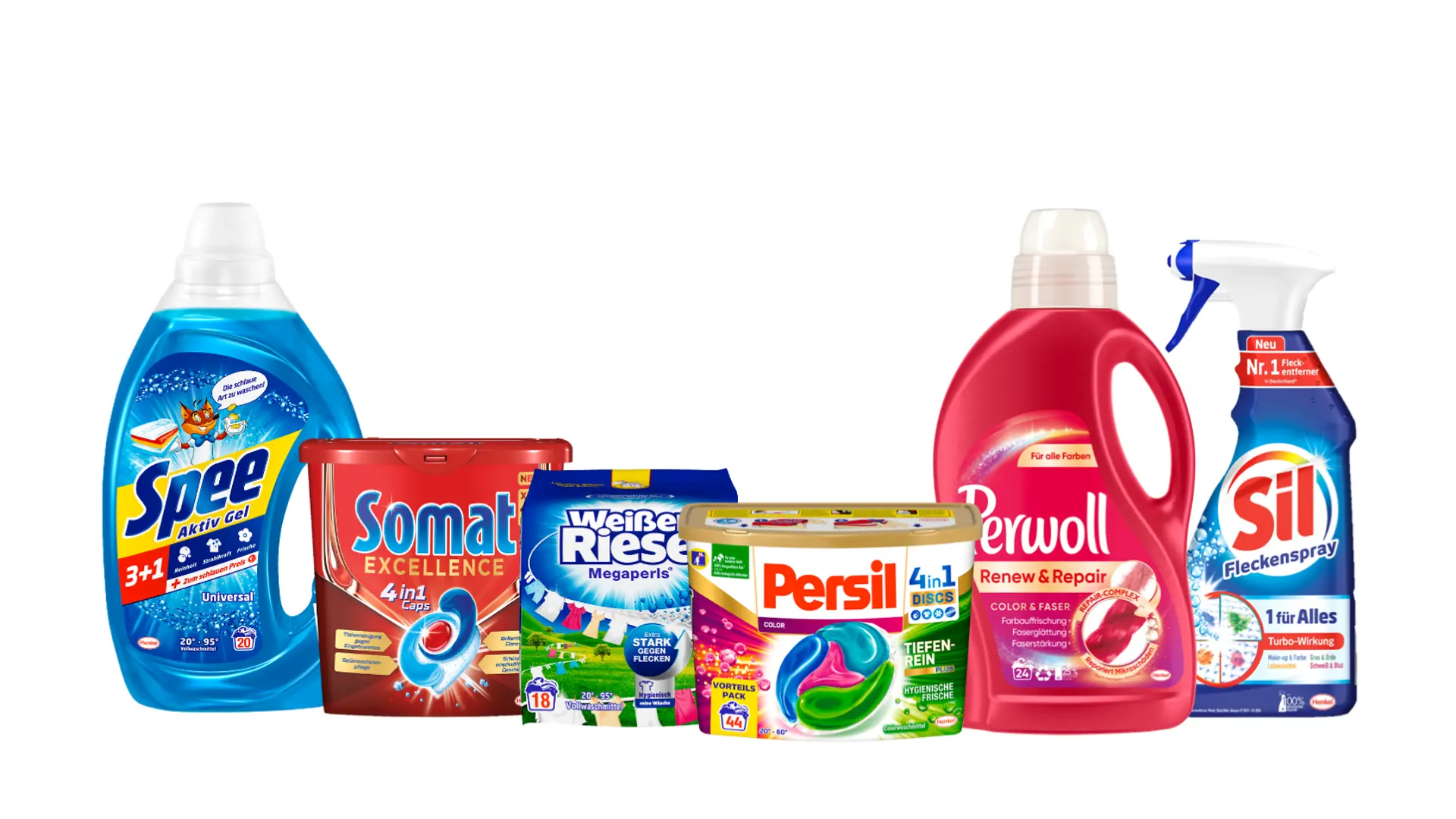 6 Henkel-Produkte aus dem Geschirr-Reiniger- und Waschmittel-Portfolio: Spee, Somat, Weißer Riese, Persil, Perwoll und Sil