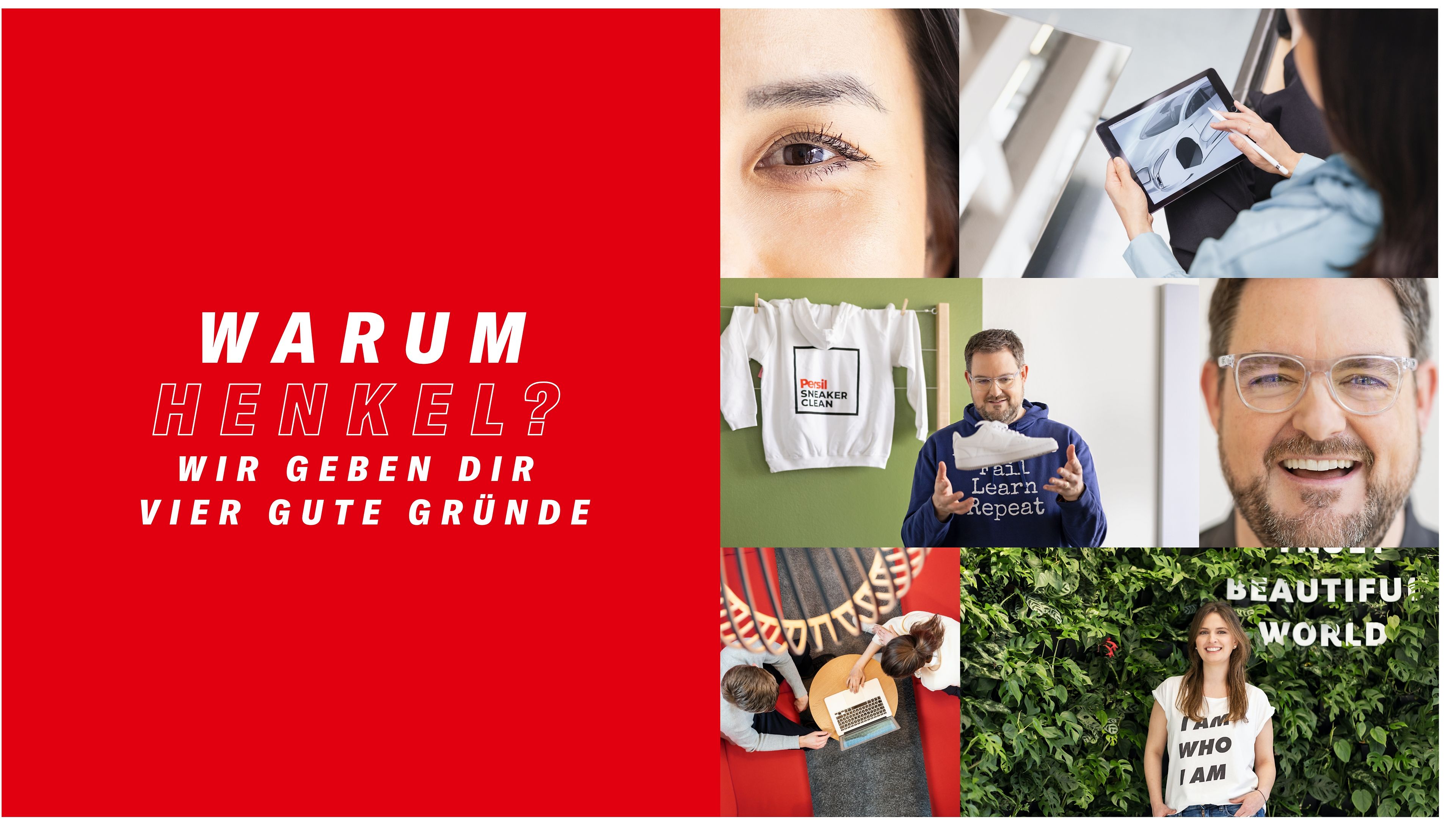 Verschiedene Henkel-Mitarbeiter werden in Aktion und in unterschiedlichen Arbeitsumgebungen porträtiert.