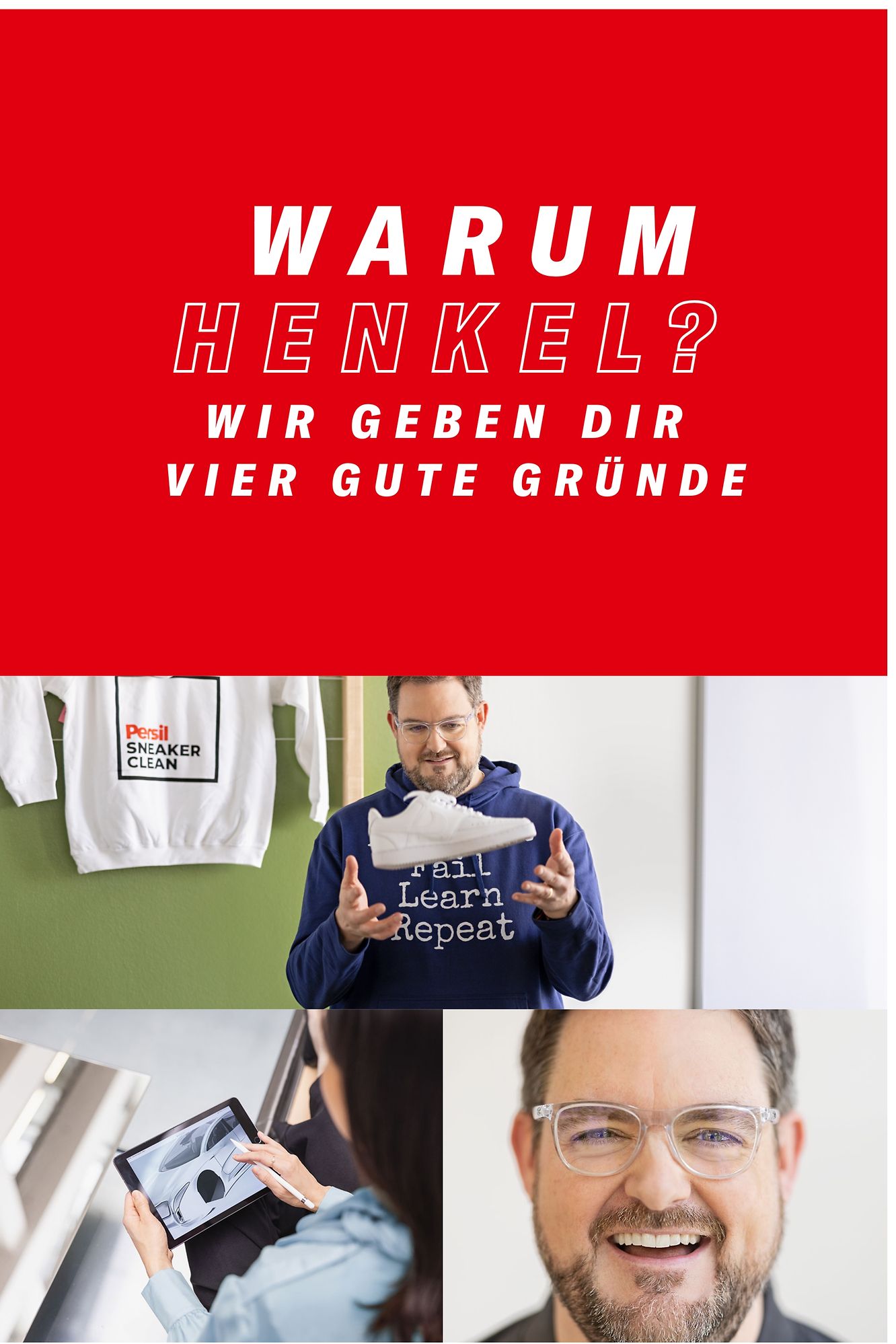 Verschiedene Henkel-Mitarbeiter werden in Aktion und in unterschiedlichen Arbeitsumgebungen porträtiert.