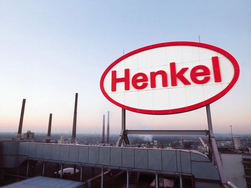 Henkel logo on a rooftop in Duesseldorf.