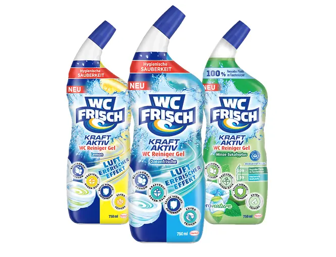 WC FRISCH Kraftaktiv WC Reiniger Gel in drei Duftvariationen: Lemon, Ozeanfrische, Minze Eukalyptus