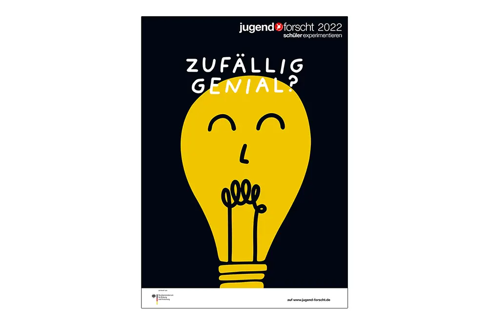Jugend forscht-Plakat, das eine gelbe Glühbirne vor schwarzem Hintergrund und der Aufschrift „Zufällig genial?“ zeigt.