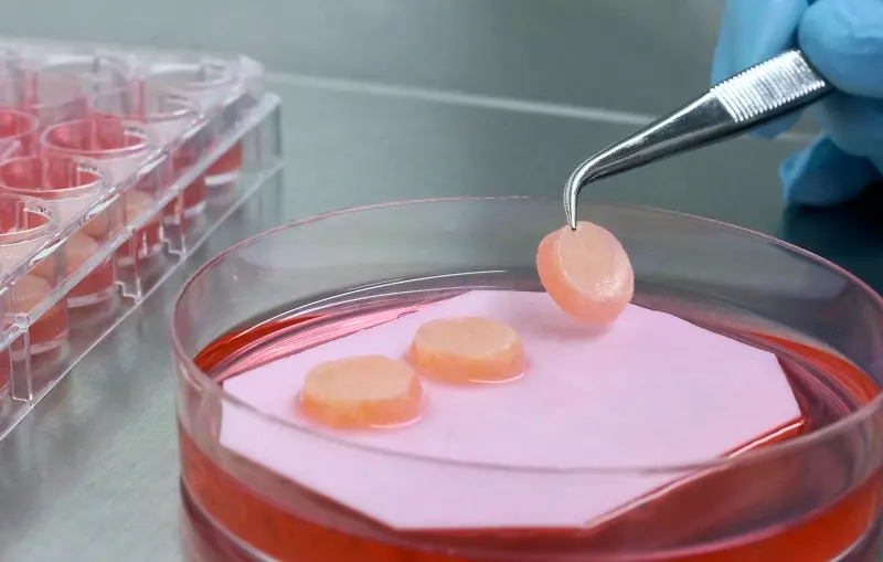 Phenion-Hautmodelle in Petrischale mit roter Flüssigkeit. 