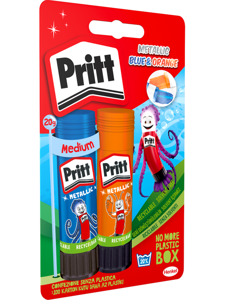 
Mit dem Start der Back-to-School-Kampagne wird Pritt auch neue Sondereditionen des Klebestiftes in den Metallic-Farben Blau und Orange auf den Markt bringen. 