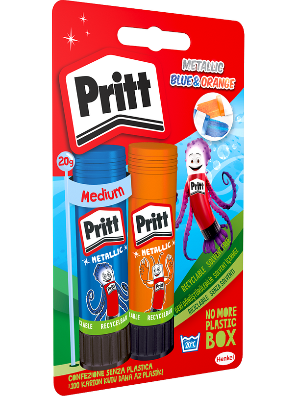 
Mit dem Start der Back-to-School-Kampagne wird Pritt auch neue Sondereditionen des Klebestiftes in den Metallic-Farben Blau und Orange auf den Markt bringen. 