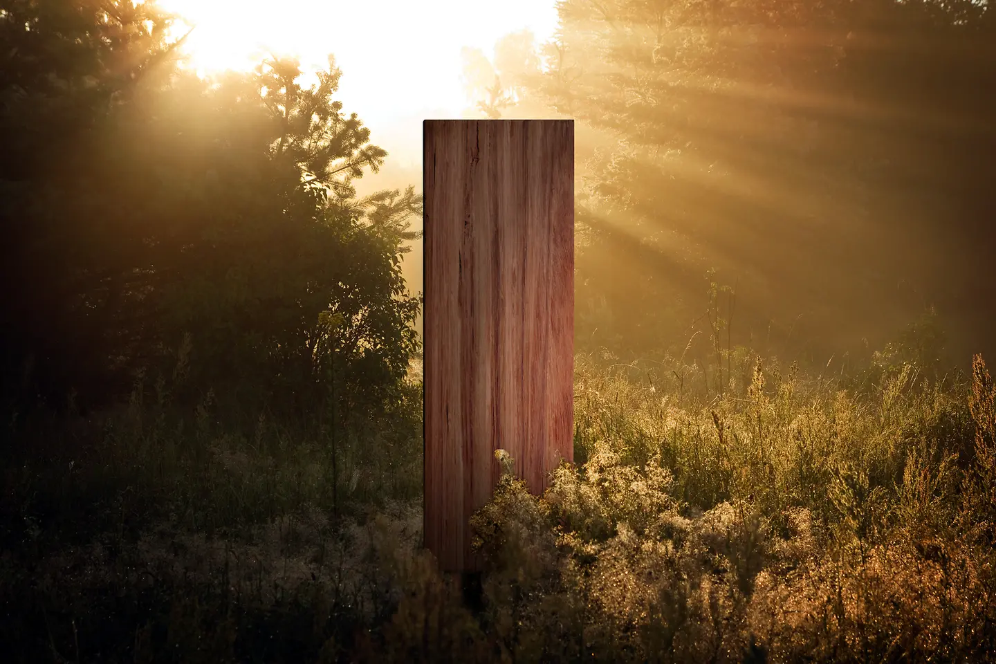 Ein Holzbrett in einer Waldumgebung wird beleuchtet
