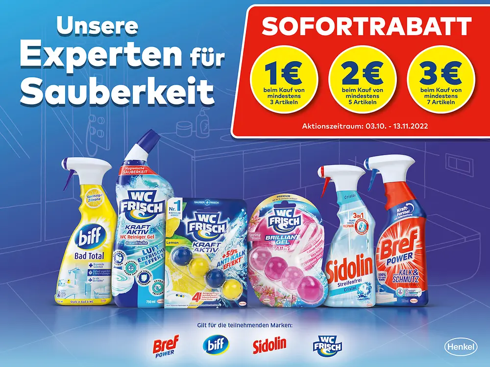 Die Sofortrabat-Aktion gilt für die starken Reinigungsmarken von Henkel biff, WC FRISCH, Bref Power und Sidolin und läuft vom 3. Oktober bis 13. November 2022.