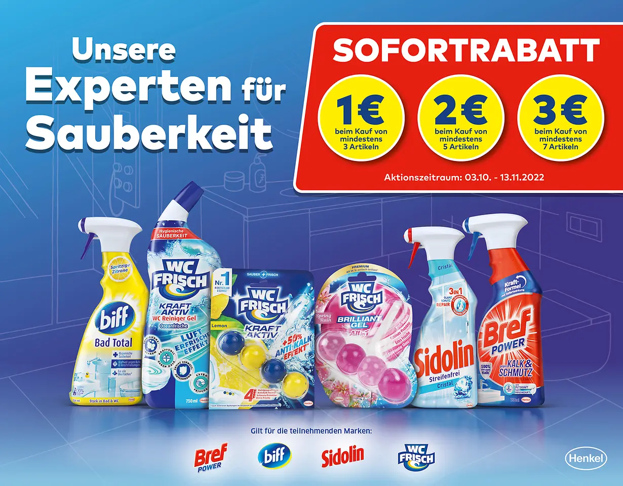 Die Sofortrabat-Aktion gilt für die starken Reinigungsmarken von Henkel biff, WC FRISCH, Bref Power und Sidolin und läuft vom 3. Oktober bis 13. November 2022.