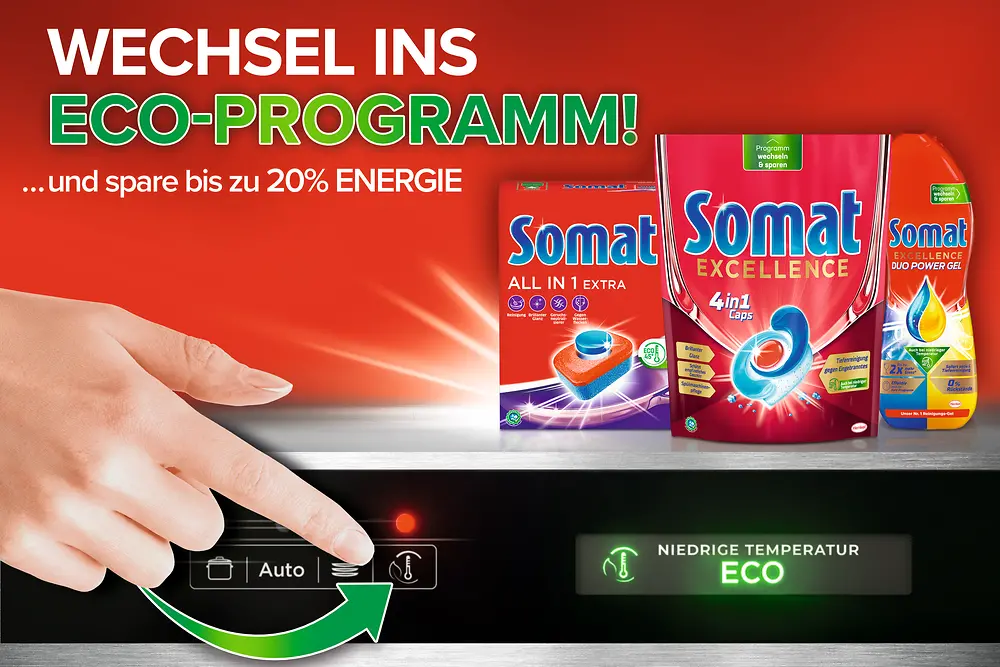 Die neuen Somat Reiniger: Bis zu 20 Prozent Energie sparen durch den Wechsel ins Eco-Programm
