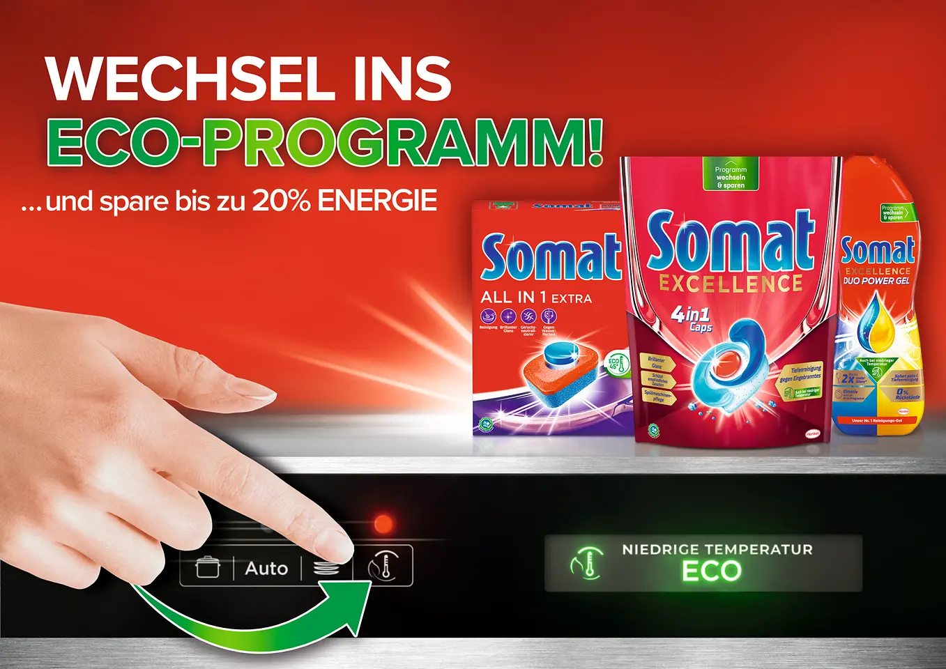 Die neuen Somat Reiniger: Bis zu 20 Prozent Energie sparen durch den Wechsel ins Eco-Programm