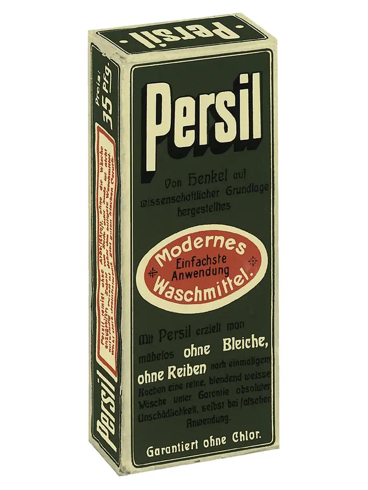 Dunkelgrünes Produktpäckchen von Persil aus dem Jahr 1907.