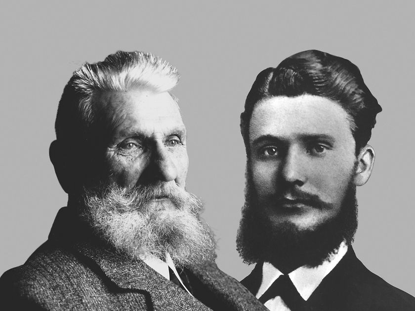 Zwei Portraits von einem älteren (links) und einem jüngeren (rechts) Fritz Henkel.