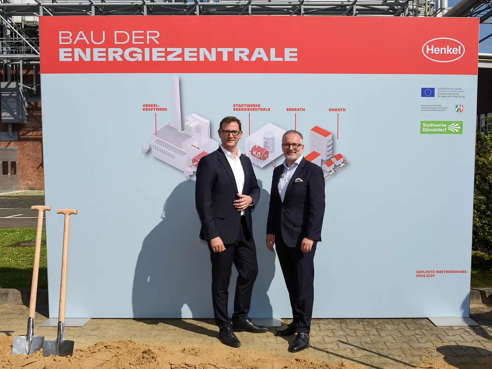 
Julien Mounier, Vorstandsvorsitzender der Stadtwerke Düsseldorf (links) und Carsten Knobel, Vorstandsvorsitzender von Henkel (rechts)
