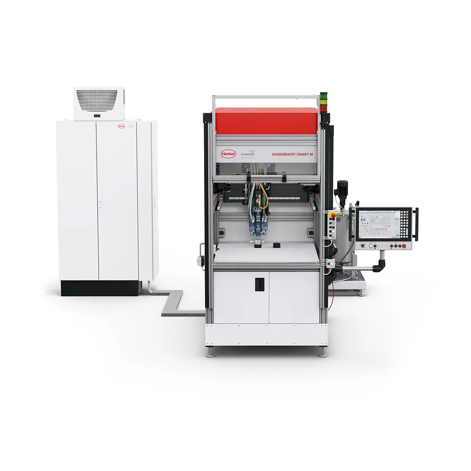 
Dosierzelle Smart­M mit Hubtür und Mischkopf MK 825 PRO in der Ausführung für zwei Materialkomponenten. Abbildung mit optionalem Multitouch­ Bedienpanel Control 2.