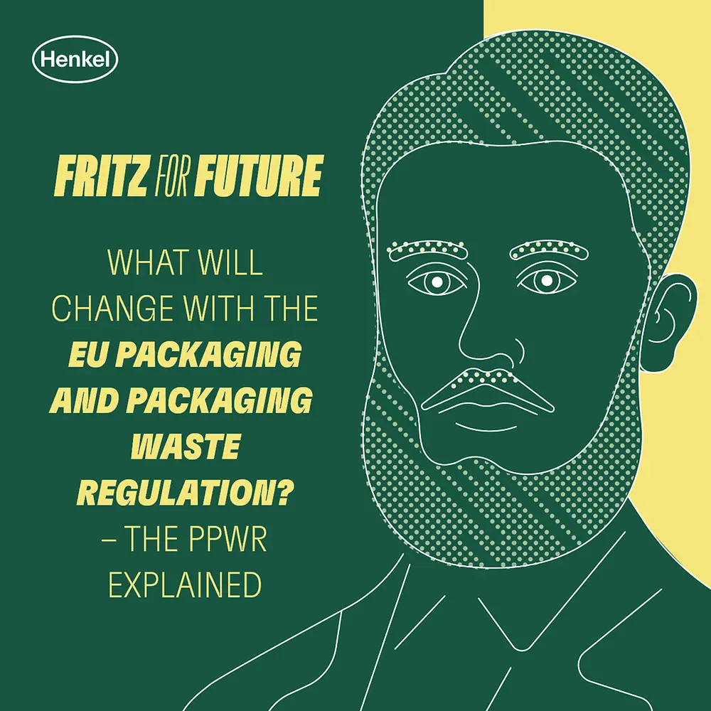 Grünes und gelbes Coverbild der Podcast-Episode mit dem Episodentitel „What will change with EU Packaging and Packaging Waste Regulation – The PPWR explained“ auf der linken Seite und einem Strichporträt von Fritz Henkel auf der rechten Seite.