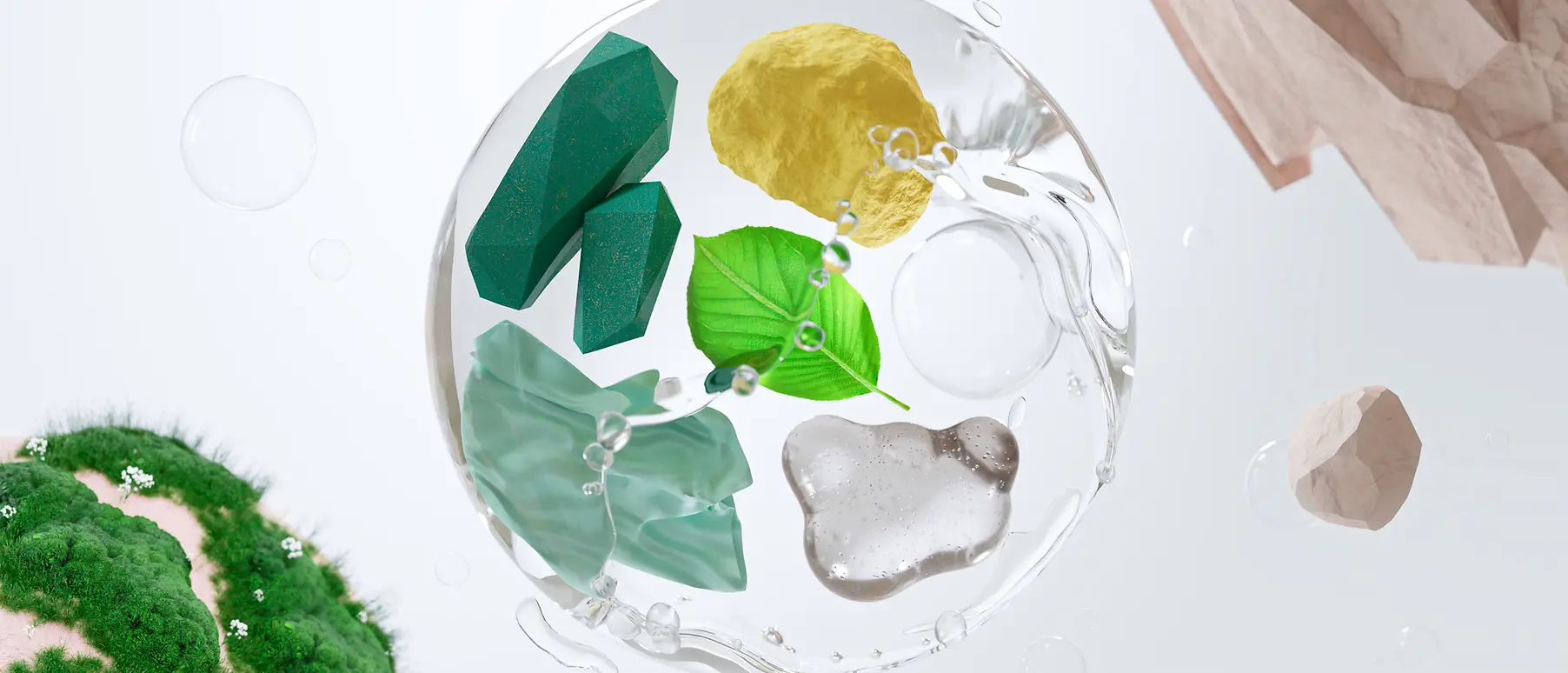 Eine transparente Kugel, in der eine Mischung aus biodiversen Materialien schwebt, symbolisiert Nachhaltigkeit.