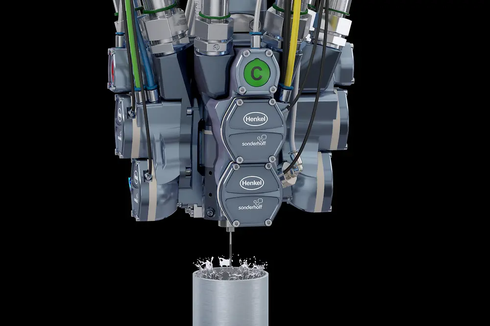 
Sensorgesteuerter 2/3-Komponenten-Mischkopf MK 800 PRO mit ökologischer Hochdruckwasserspülung zur Reinigung der Mischkammer von Materialanhaftungen reaktiver Materialien zum Dichten, Kleben und Vergießen.