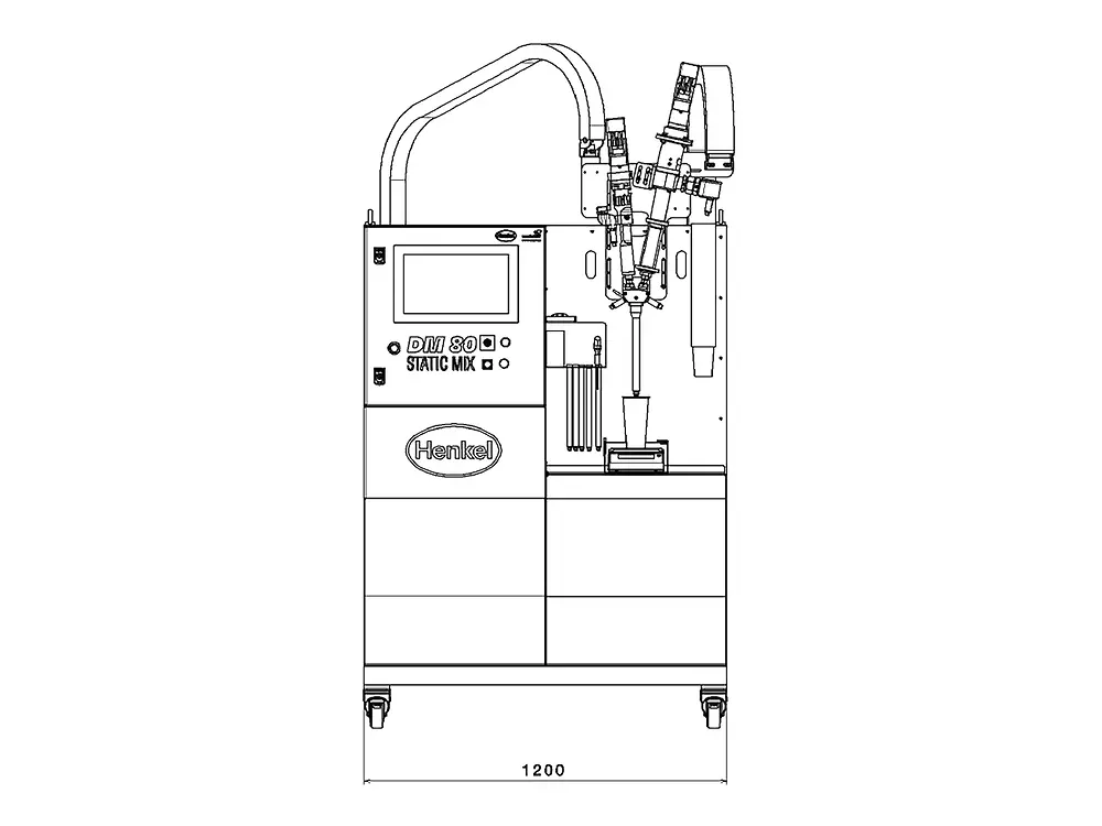 
Dosiermaschine Sonderhoff DM80 Static Mix in frontaler und seitlicher Ansicht, mit den Abmessung (B/T/H) 1200 x 1438 x 2267 mm.