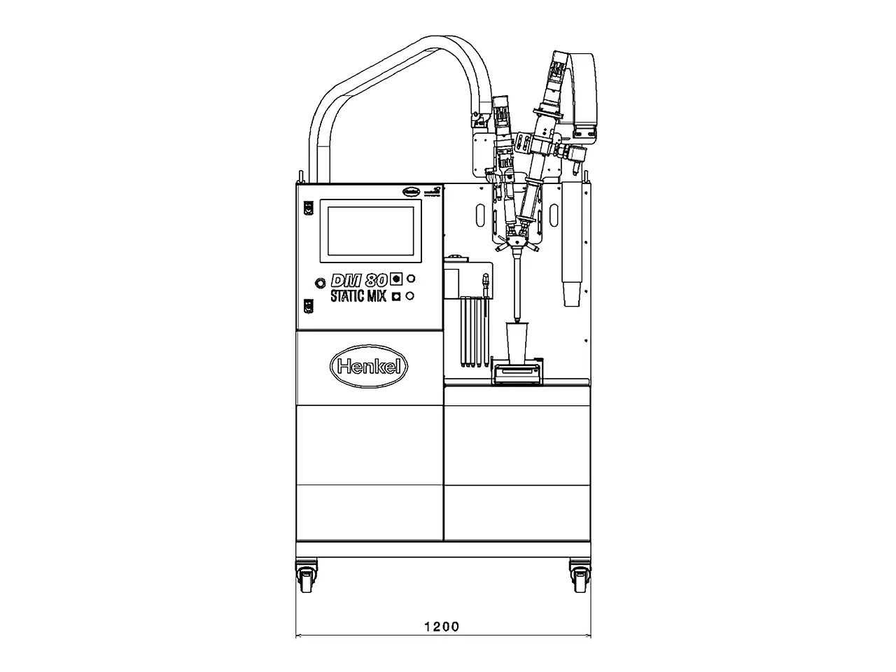 
Dosiermaschine Sonderhoff DM80 Static Mix in frontaler und seitlicher Ansicht, mit den Abmessung (B/T/H) 1200 x 1438 x 2267 mm.