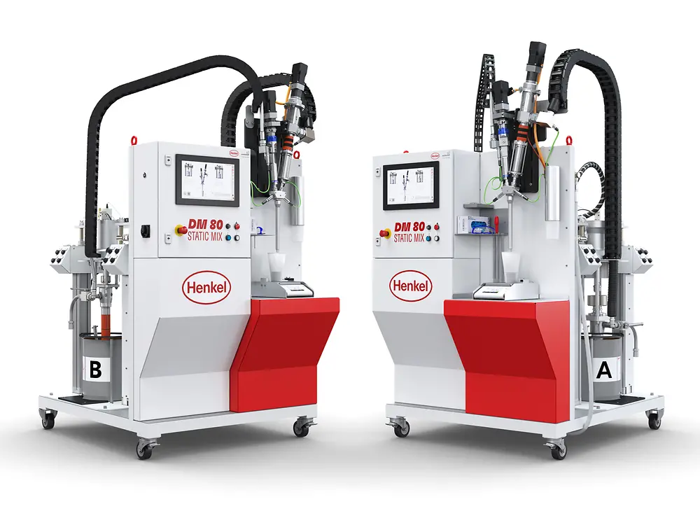 
Dosiermaschine Sonderhoff DM80 Static Mix – die mobile Arbeitsstation für die Verarbeitung und Dosierung von hochgefüllten, abrasiven und hochviskosen Loctite 2K Epoxid- Strukturklebstoffen.