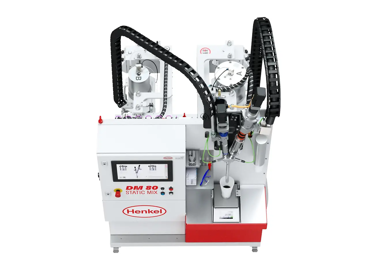 
Die Dosiermaschine Sonderhoff DM80 Static Mix mit Mischkopf und integrierter Präzisionswaage zur permanenten Kontrollverwiegung bei Kalibrierung und Dosierung.