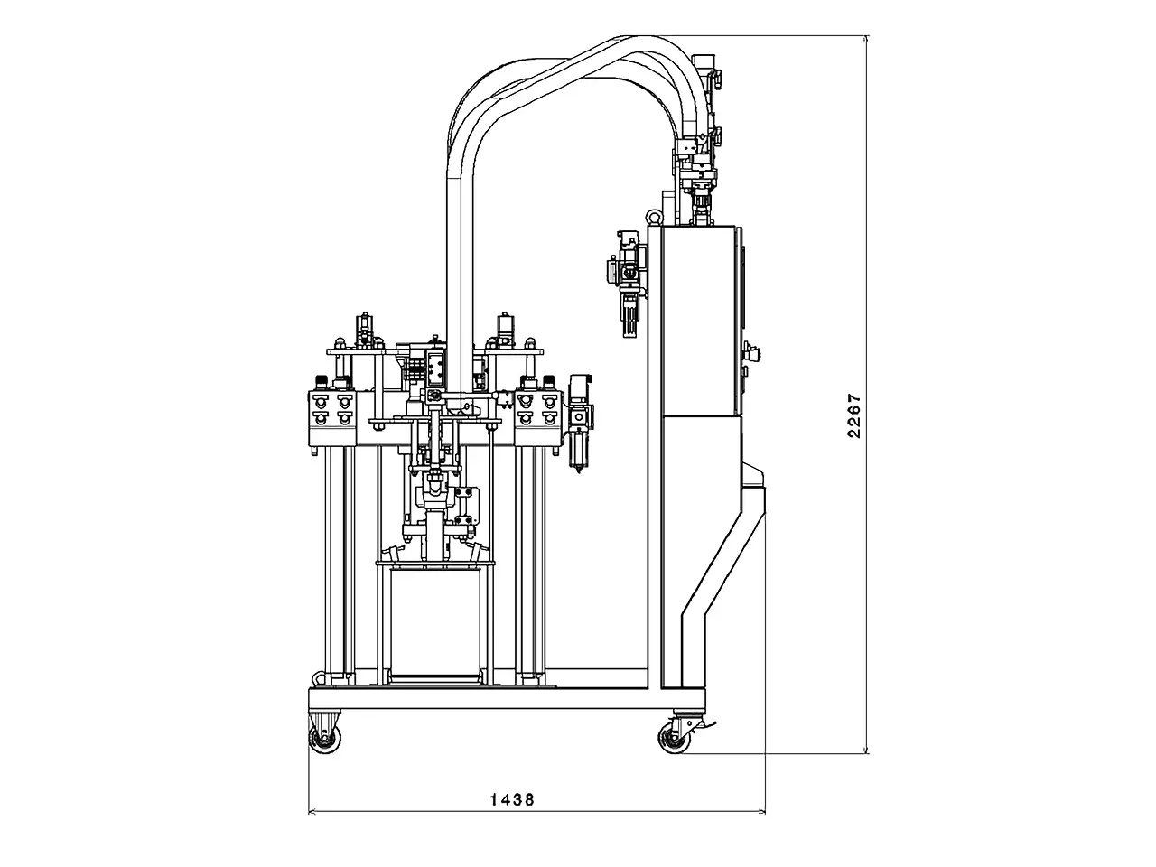 
Dosiermaschine Sonderhoff DM80 Static Mix in frontaler und seitlicher Ansicht, mit den Abmessung (B/T/H) 1200 x 1438 x 2267 mm.