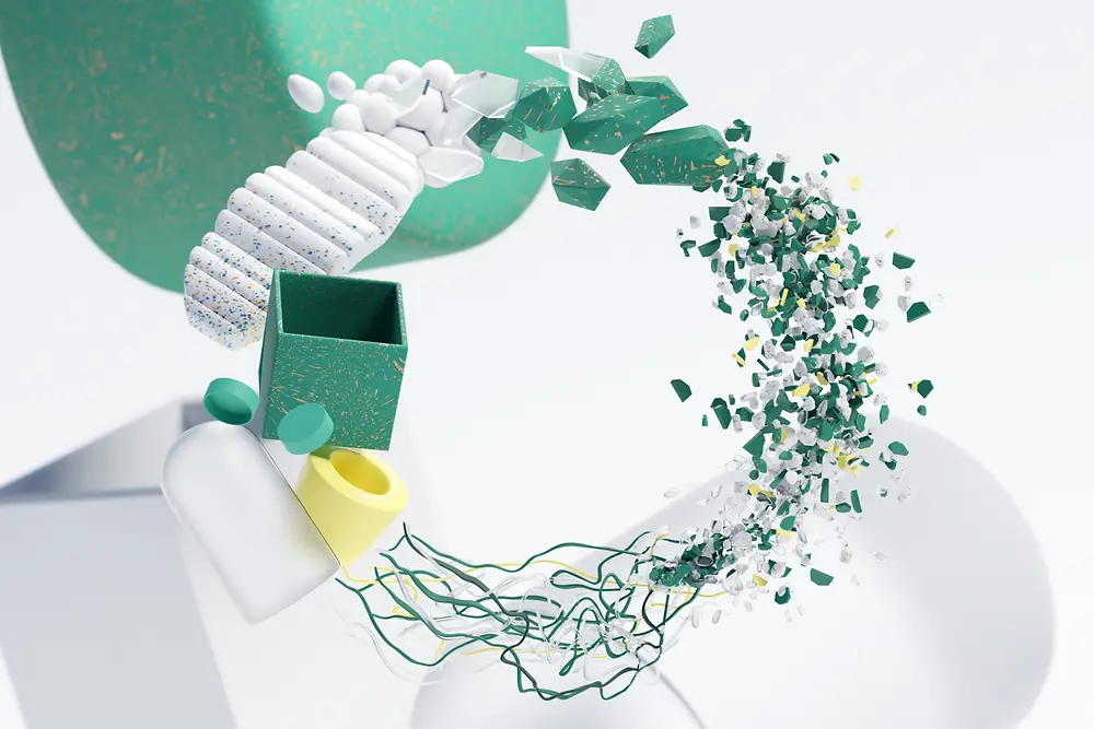 Ein CGI-Bild mit Elementen, die eine Kreislaufwirtschaft symbolisieren.