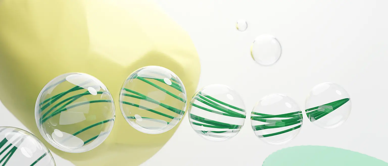 Ein CGI-Bild mit natürlichen gelben, grünen und durchsichtigen Elementen, die Nachhaltigkeit symbolisieren.