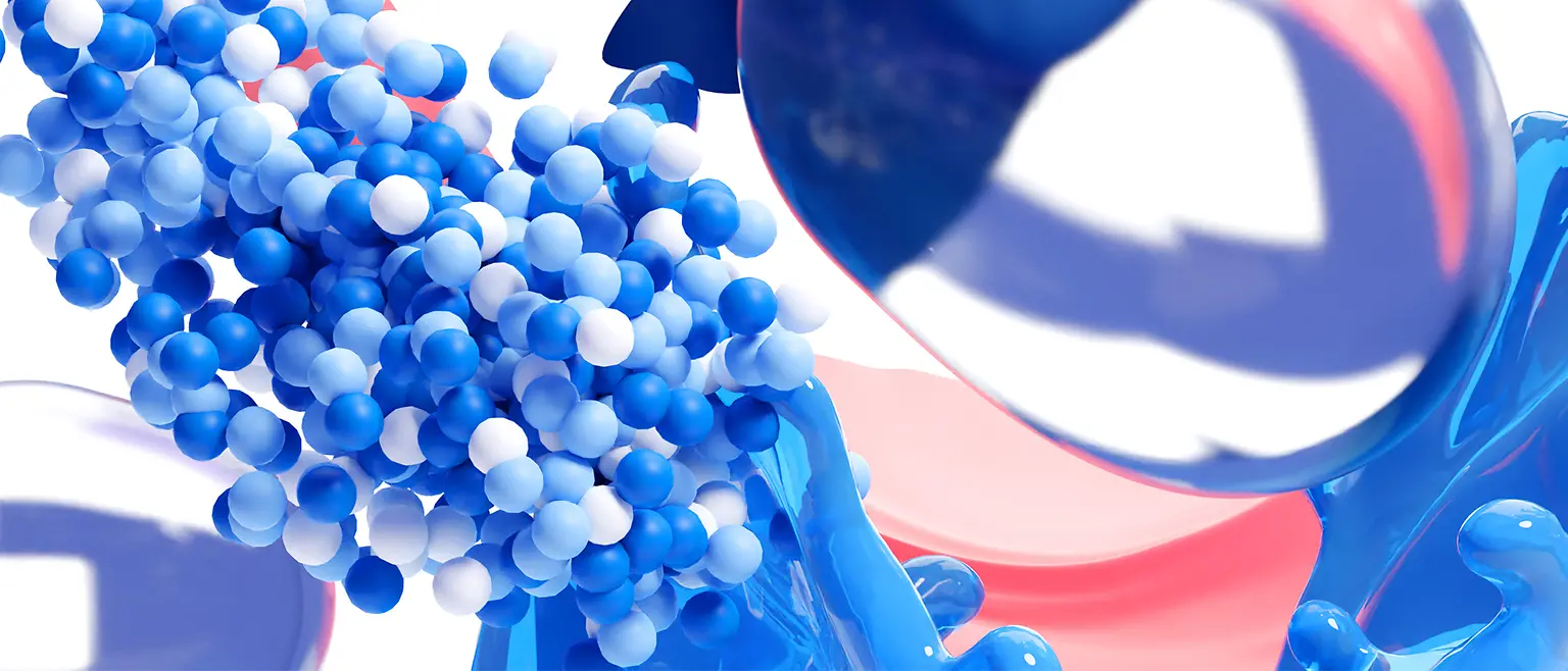 Ein CGI-Bild mit verschiedenen runden Elementen in blau und weiß Tönen, die Flüssigwaschmittel und Pulverwaschmittel symbolisieren.