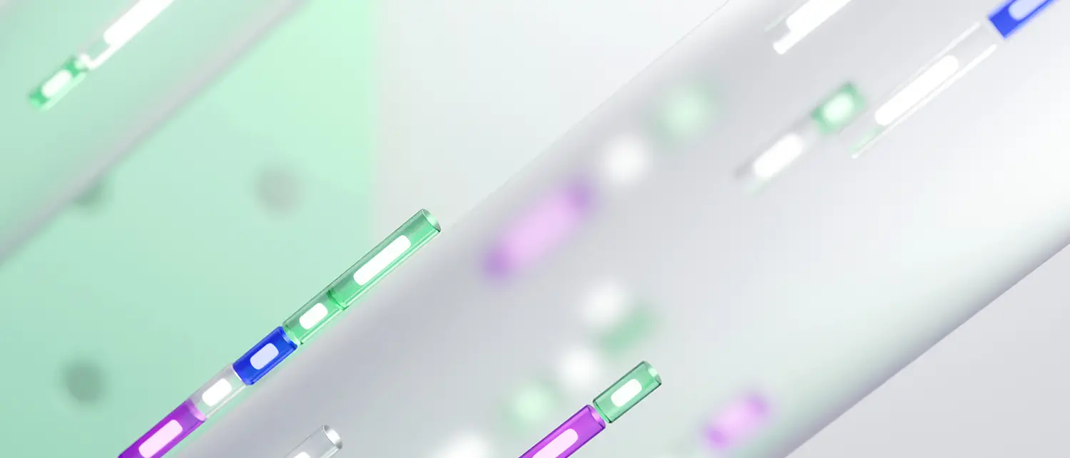 Ein CGI-Bild mit technischen Elementen in grün, grau und lila Tönen, die einen digitalen Datenstrom symbolisieren.