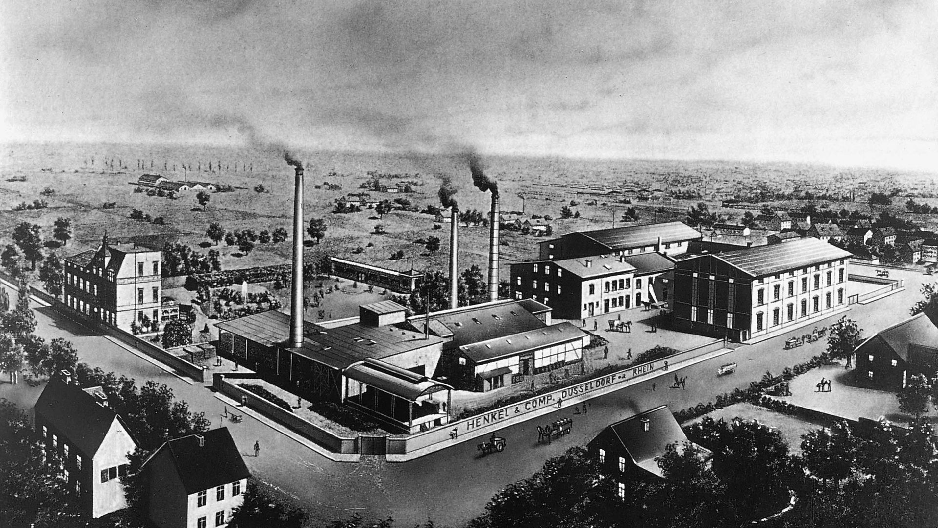 Zeichnerische Darstellung des Fabrikgeländes von Henkel in Düsseldorf-Oberbilk.