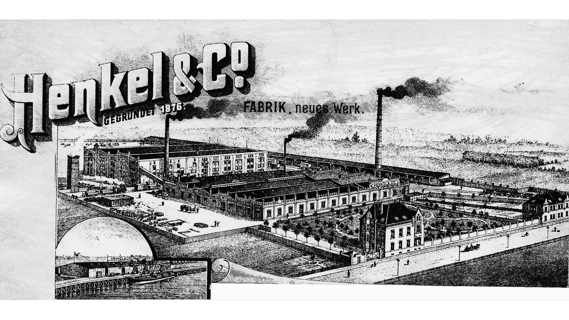 Henkel Briefkopf mit Abbildung des Werkes in Holthausen und einem Ausschnitt des Reisholzer Hafens in der linken unteren Ecke.