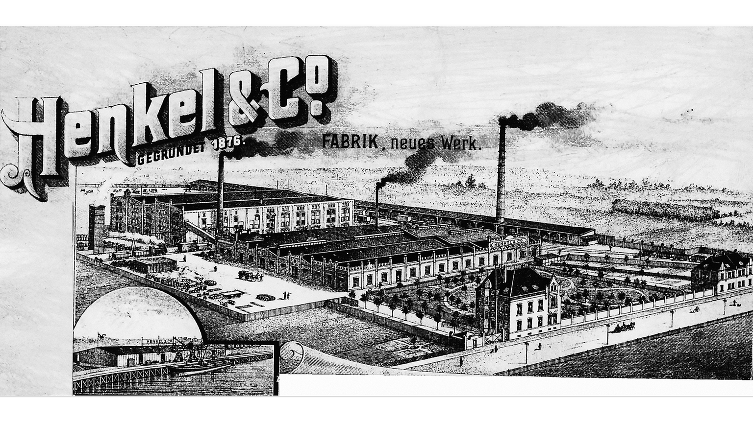 Henkel Briefkopf mit Abbildung des Werkes in Holthausen und einem Ausschnitt des Reisholzer Hafens in der linken unteren Ecke.