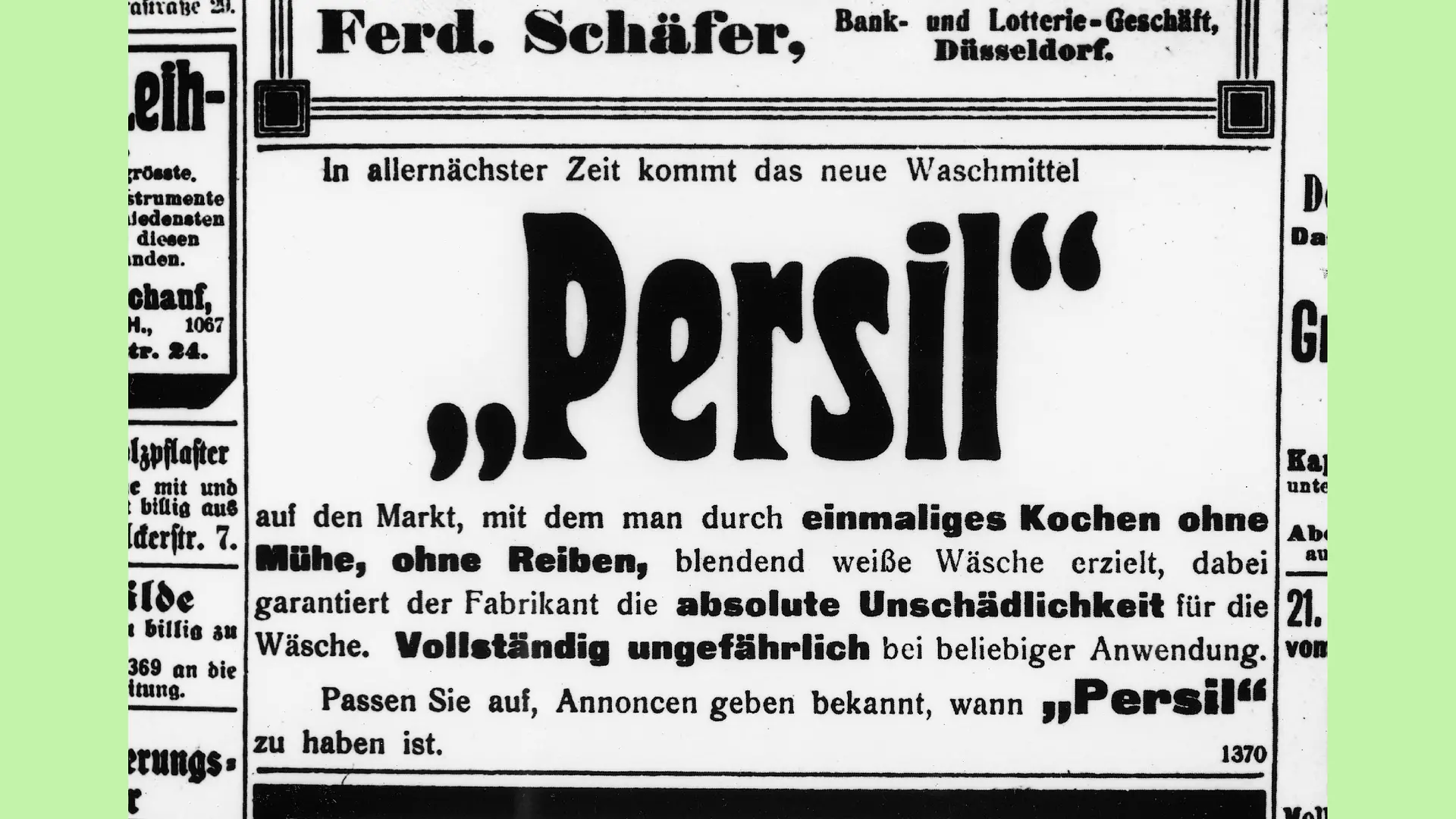 Werbeanzeige für Persil in einer Zeitung, die das Waschmittel für die "allernächste Zeit" ankündigt.
