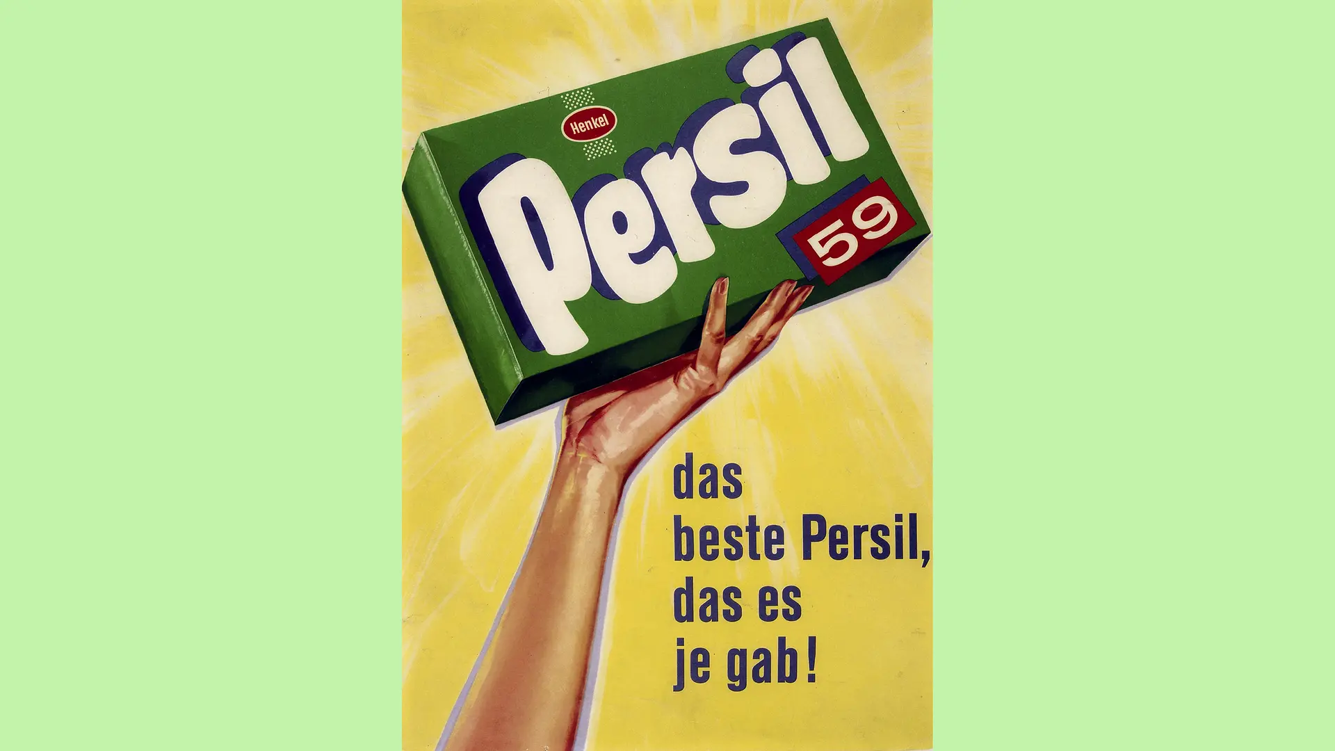 Ein grünes Werbeplakat, das eine Packung des Waschmittels Persil 59 zeigt.