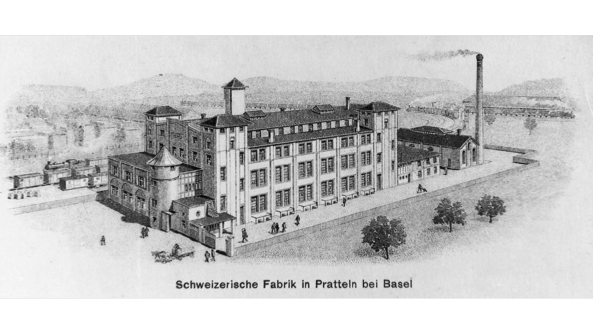 Gezeichnete Außenansicht des Henkel Werks in Pratteln.