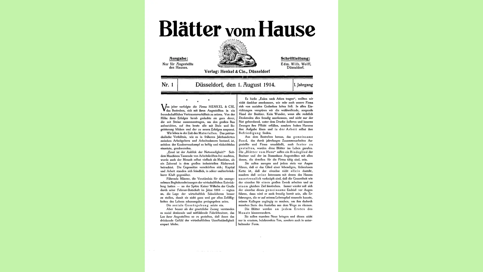 Titelblatt der ersten Ausgabe der Blätter vom Hause vom 1. August 1914 mit dem Henkel Löwen.