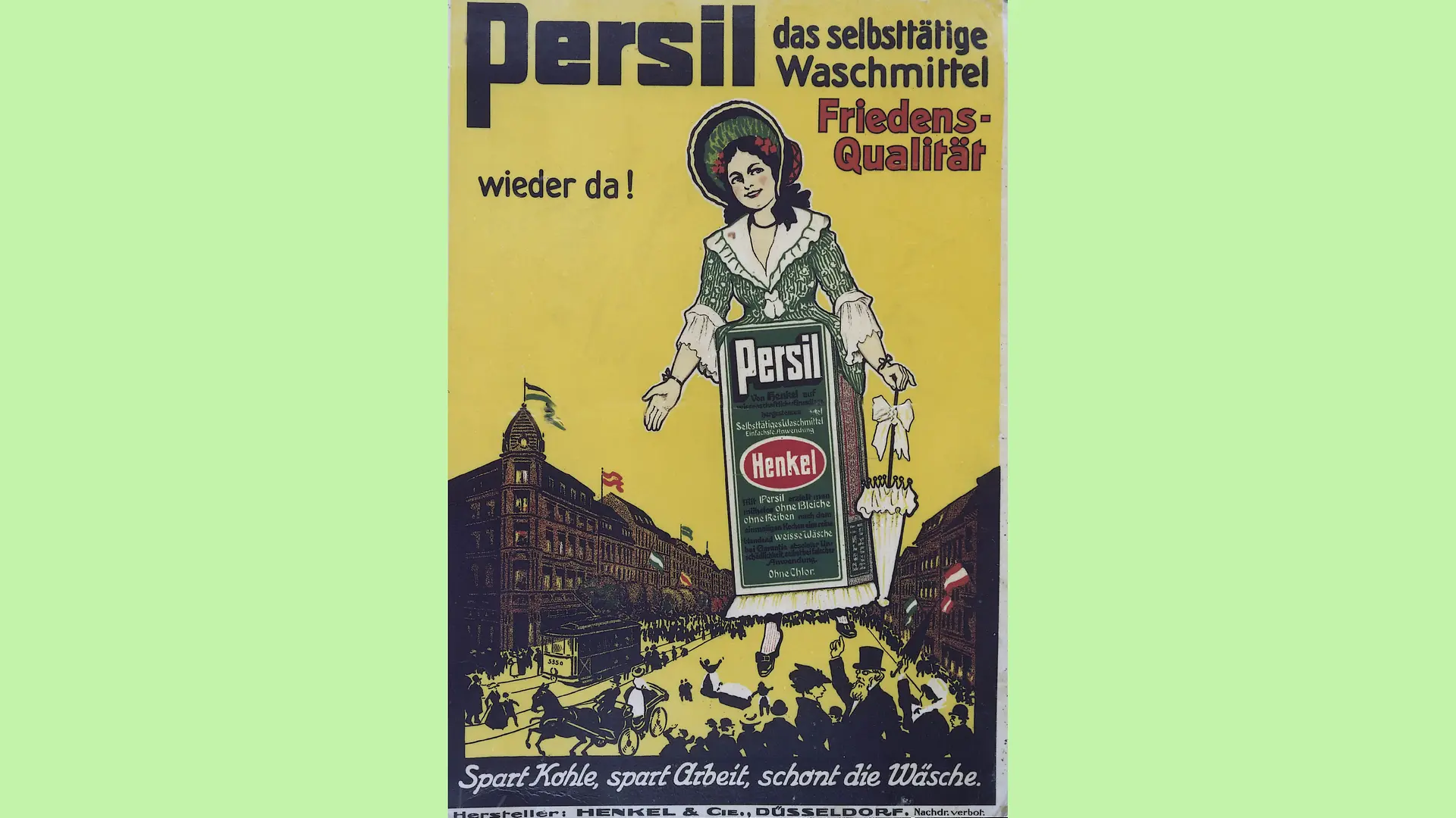 Ein Werbeschild von Persil feiert die Wiedereinführung des Produkts nach dem Ersten Weltkrieg.