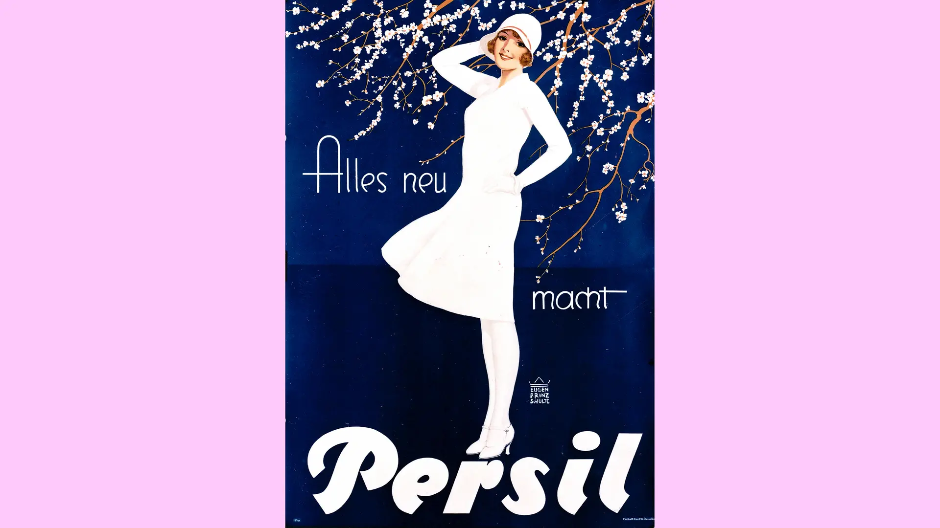 Die Weiße Dame vor dunkel blauem Hintergrund und Kirschblüten und dem Slogan "Alles neu macht Persil".