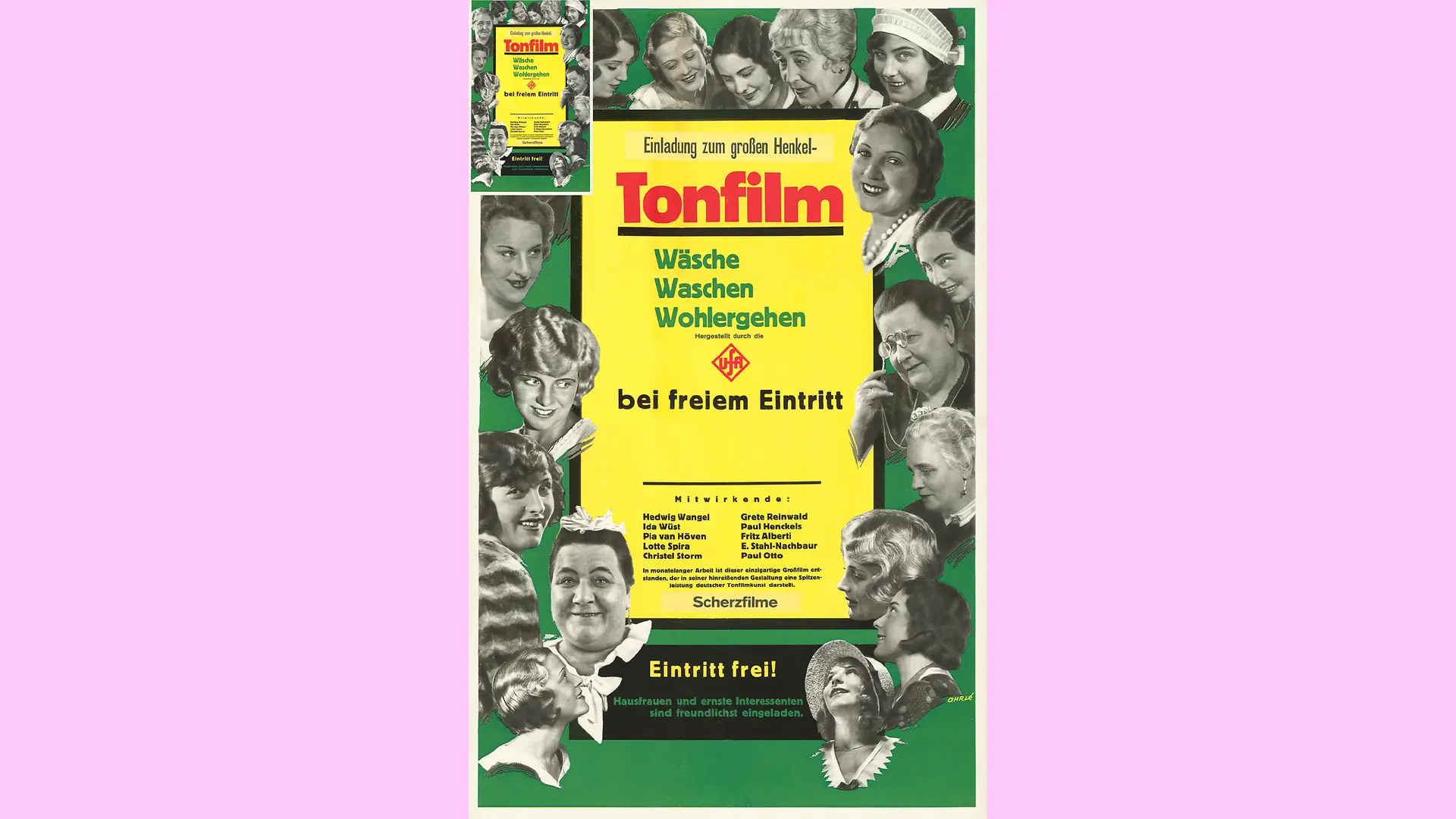 Ein buntes Werbeplakat für den Tonfilm Wäsche-Waschen-Wohlergehen, das das Schauspielensemble zeigt und den freien Entritt des Films bewirbt.