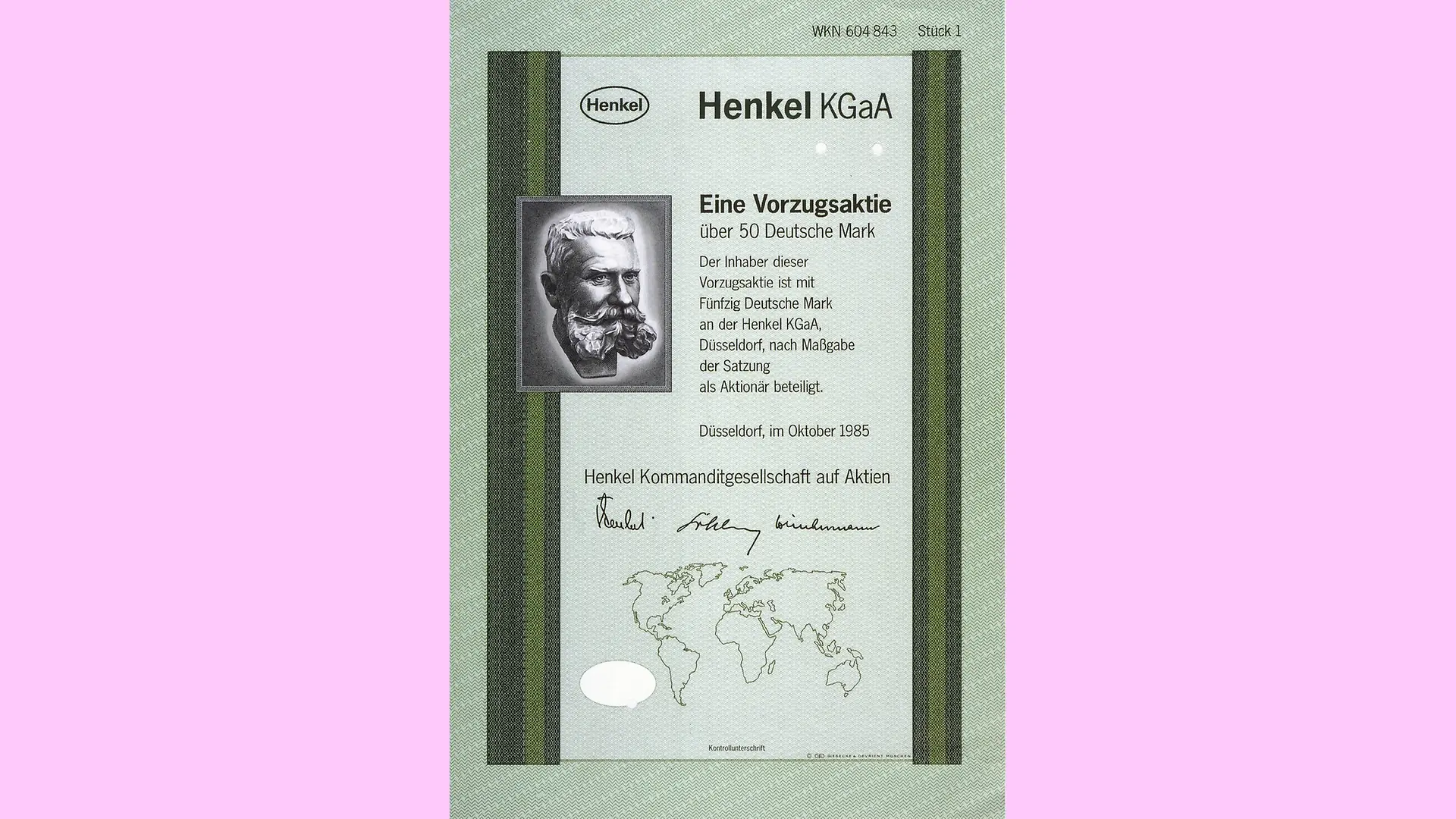 Eine Henkel Vorzugsaktie in Höhe von 50 Deutsche Mark aus dem Jahr 1985.