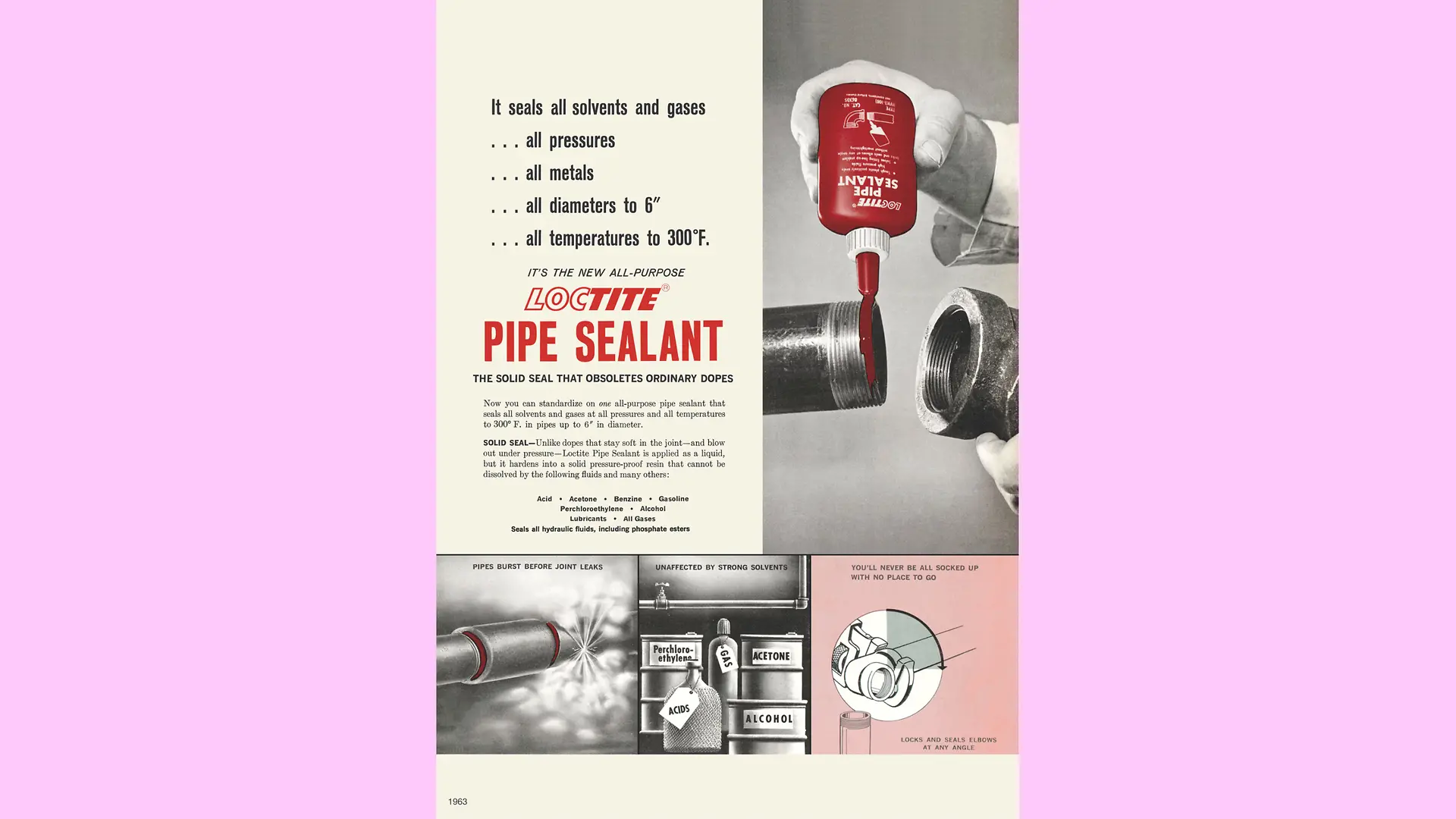 Ein englisches Werbeplakat für Loctite Pipe Sealant demonstriert die Anwendung des Produkts.