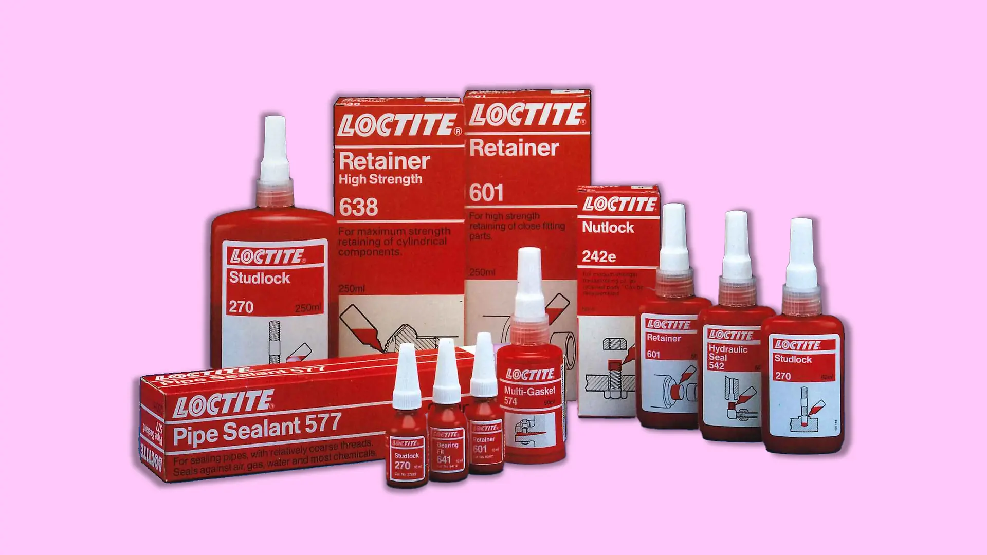 Das Sortiment von Loctite aus den 1990er-Jahren: Verschiedene Produkte für industrielle Anwendungen.
